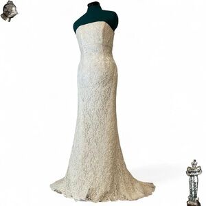 Gorgeous Galina white beaded and sequin strapless long maxi lace wedding dress